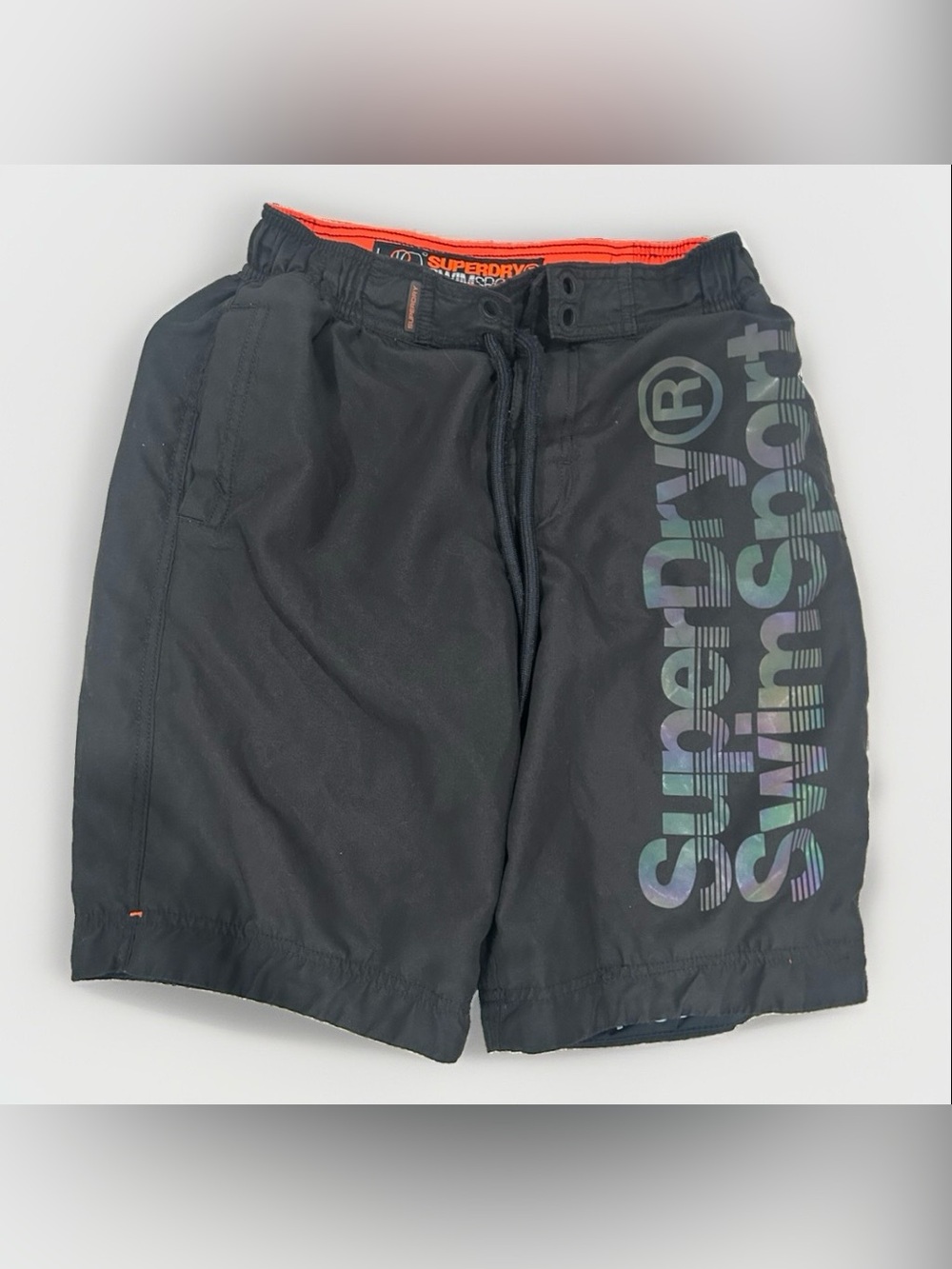 Superdry Black Swim Shorts Graphic Logo Drawstring Mesh-Lined Mens Medium